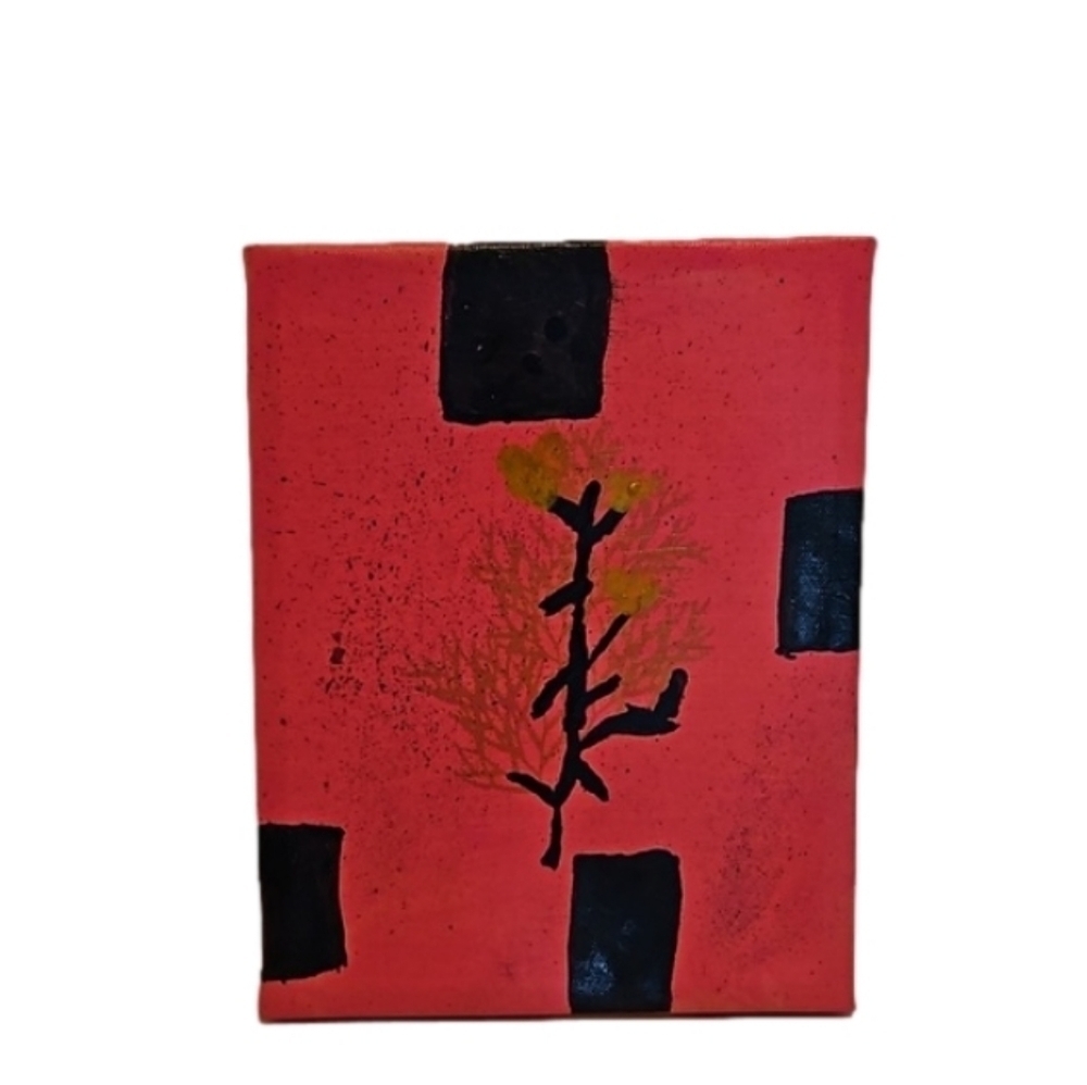 Hand Crafted 7" x 9" painting on Upcycled Canvas Pink gold & Black Original art